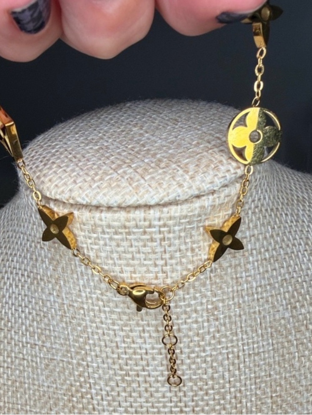 LV Gold Logo Charm Necklace with Crystal Accents - Picture 3 of 3